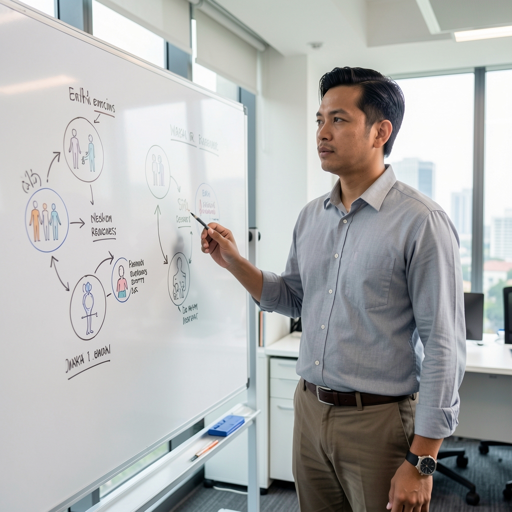 Indonesian man in professional casual attire standing at a bright whiteboard covered in wellness research diagrams, thoughtful expression, Jakarta office