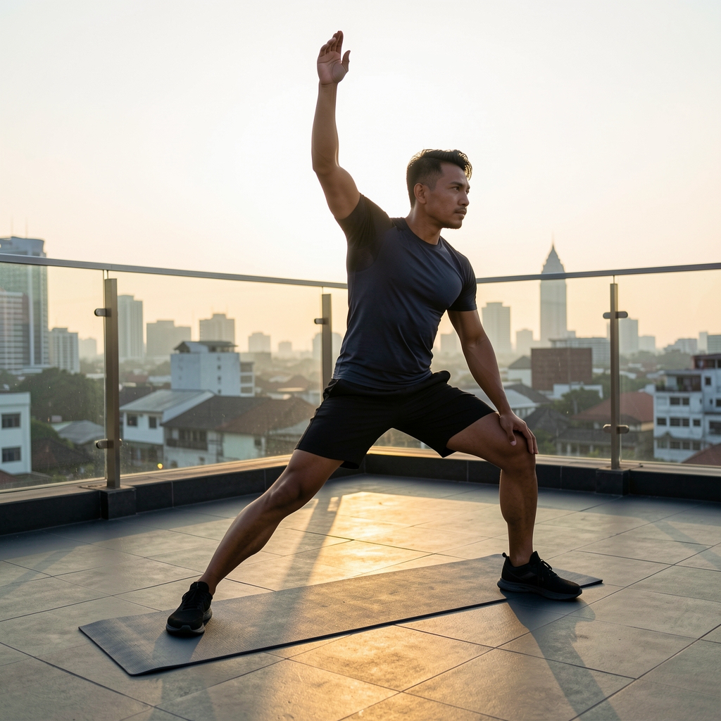 Indonesian man in his 30s stretching outdoors at dawn on a Jakarta rooftop, wearing fitted athletic wear, morning light casting long shadows across the terrace