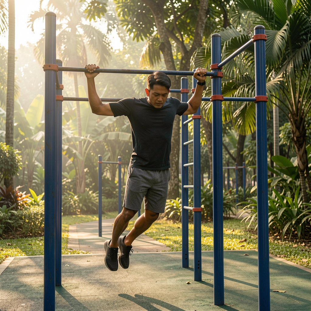 Indonesian man doing pull-ups at an outdoor fitness station in a Jakarta park at early morning, natural light, surrounding tropical vegetation visible