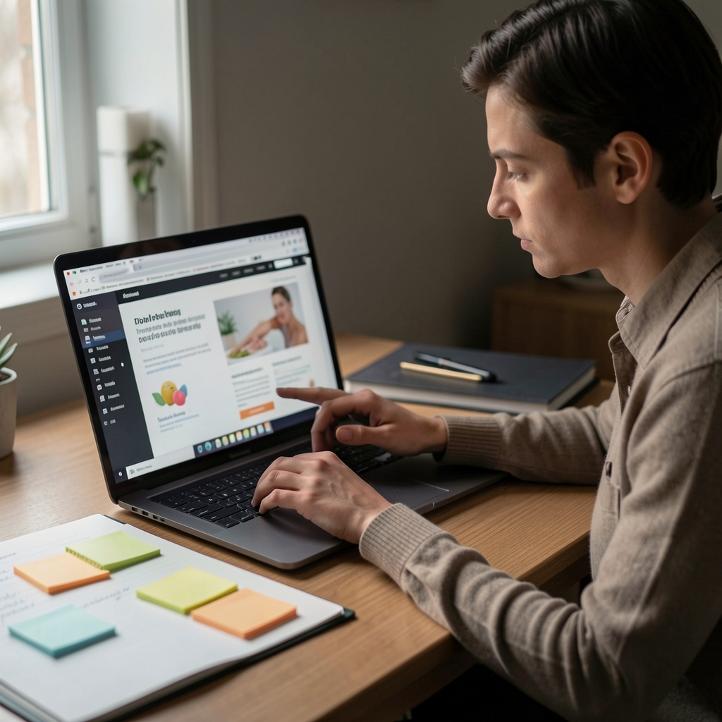 Editor reviewing wellness content on a laptop with sticky notes and a reference binder open beside it, low light, focused work environment