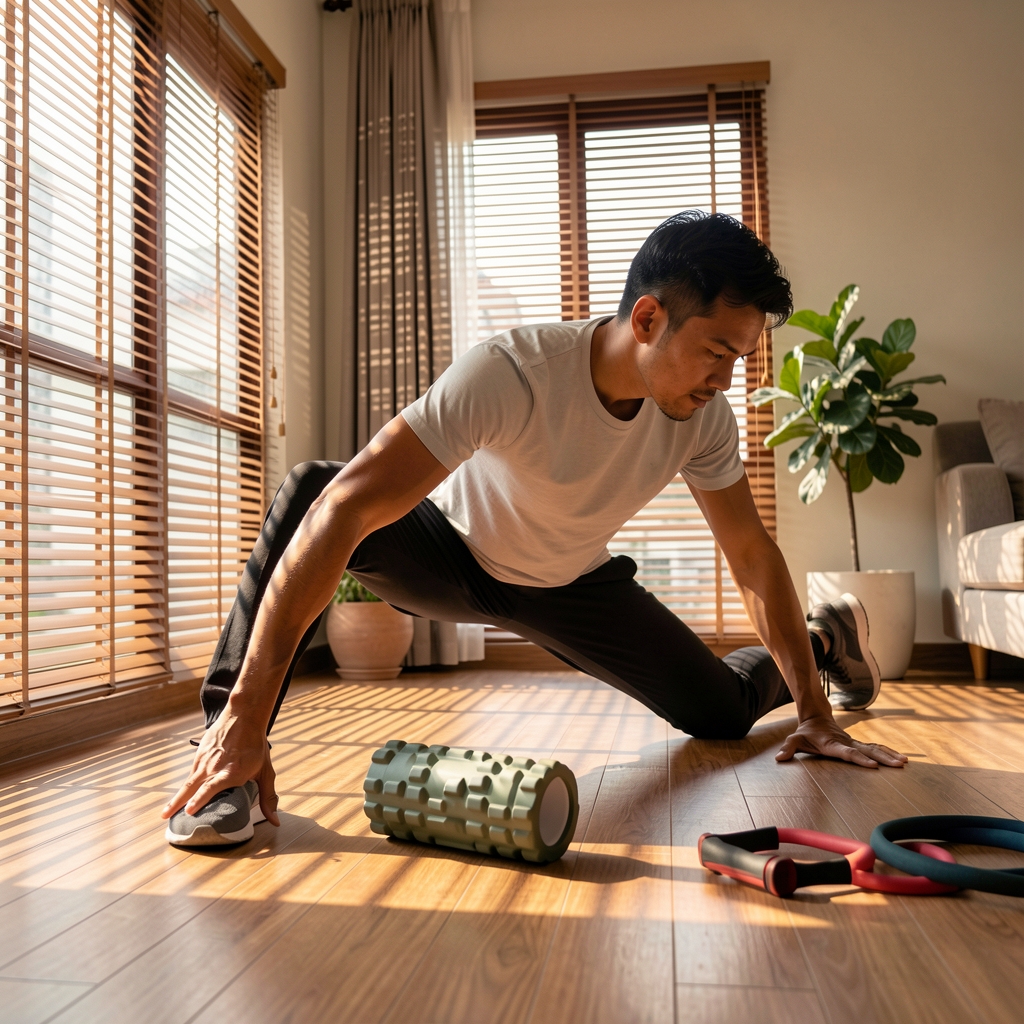 Man stretching in a sunlit apartment in Jakarta, light streaming through louvred blinds, foam roller and resistance band visible on a wooden floor