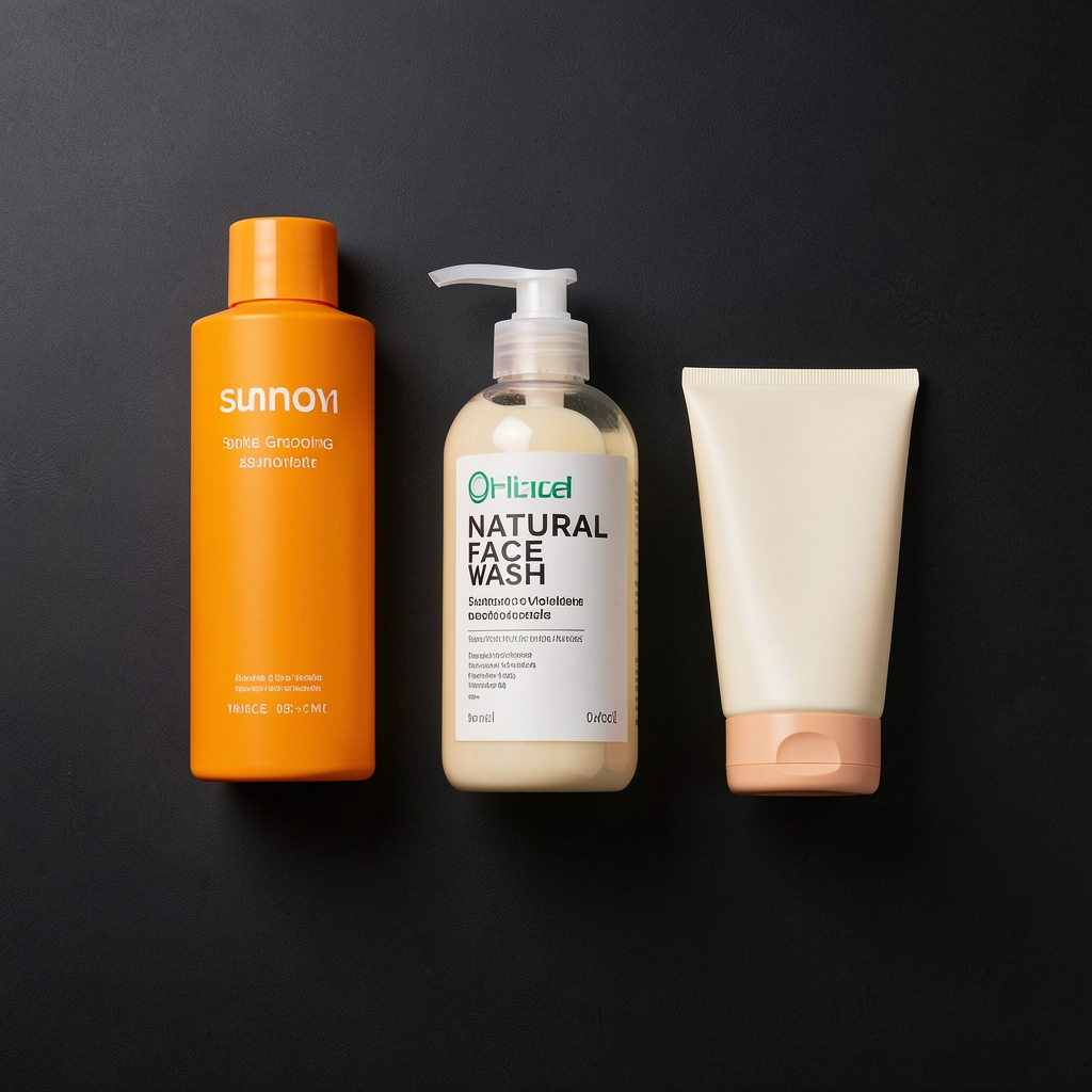 Flat lay of minimal grooming essentials — sunscreen, a natural face wash, and a single moisturiser arranged neatly on a dark surface with controlled studio lighting